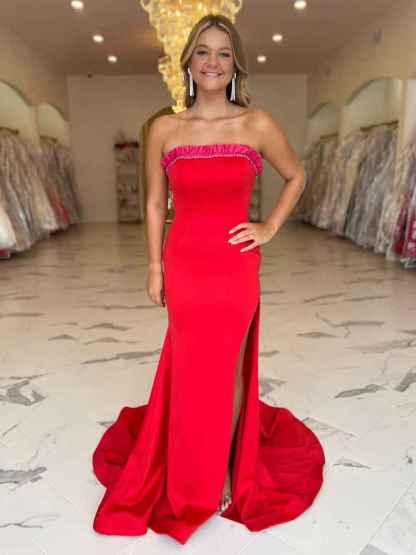 Red Ruffled Strapless Long Prom Dress with Slit