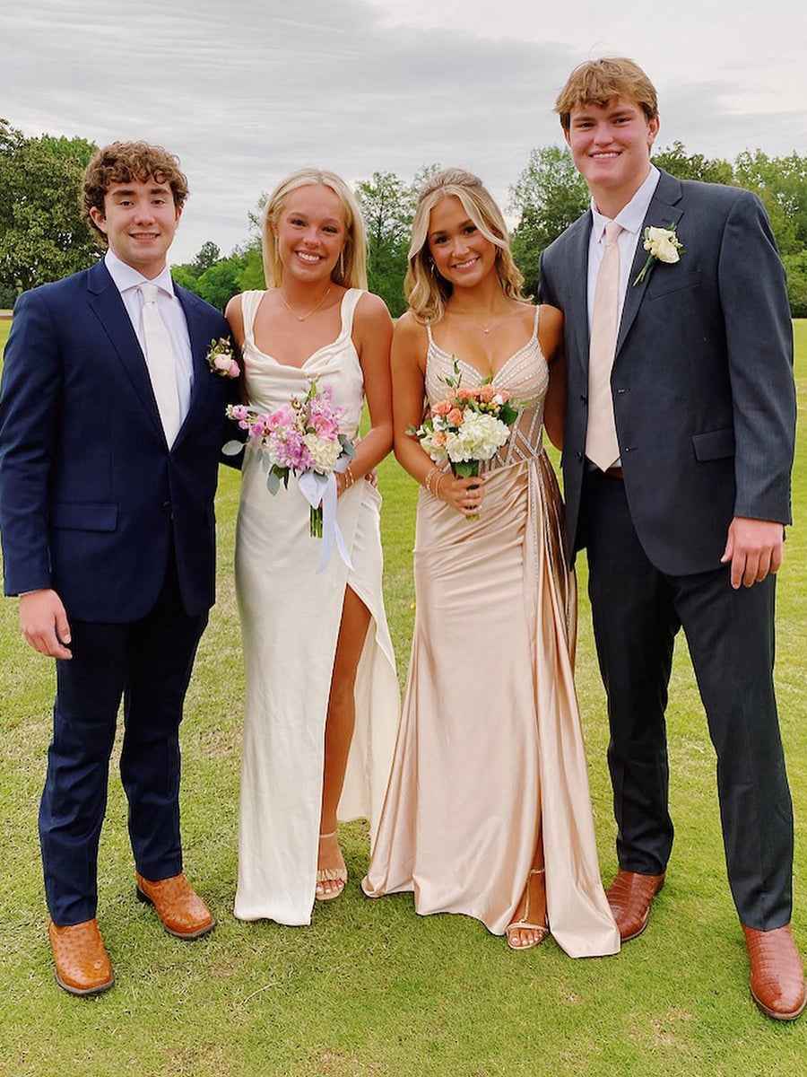 Red Satin Cowl Neck Wide Tank Straps Prom Dress with High Slit