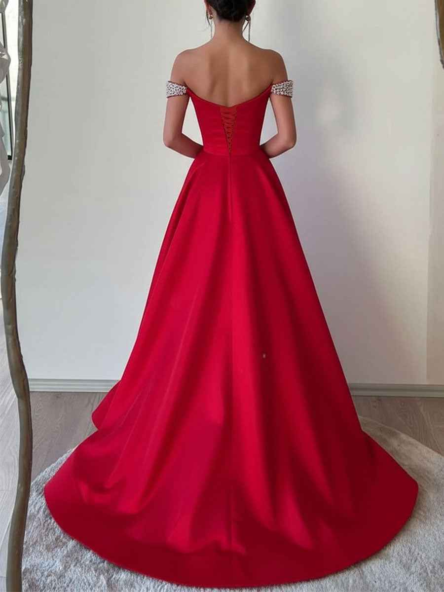 Red Satin Off-the-Shoulder Prom Dress with Crystal Encrusted Fold-Over Neckline