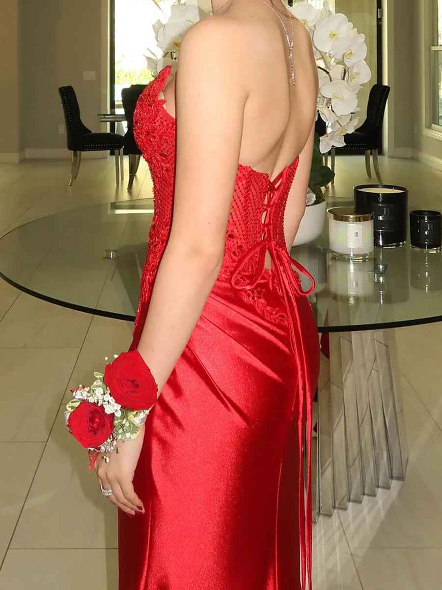 Red Satin Strapless Beaded Lace Corset Prom Dress with High Slit