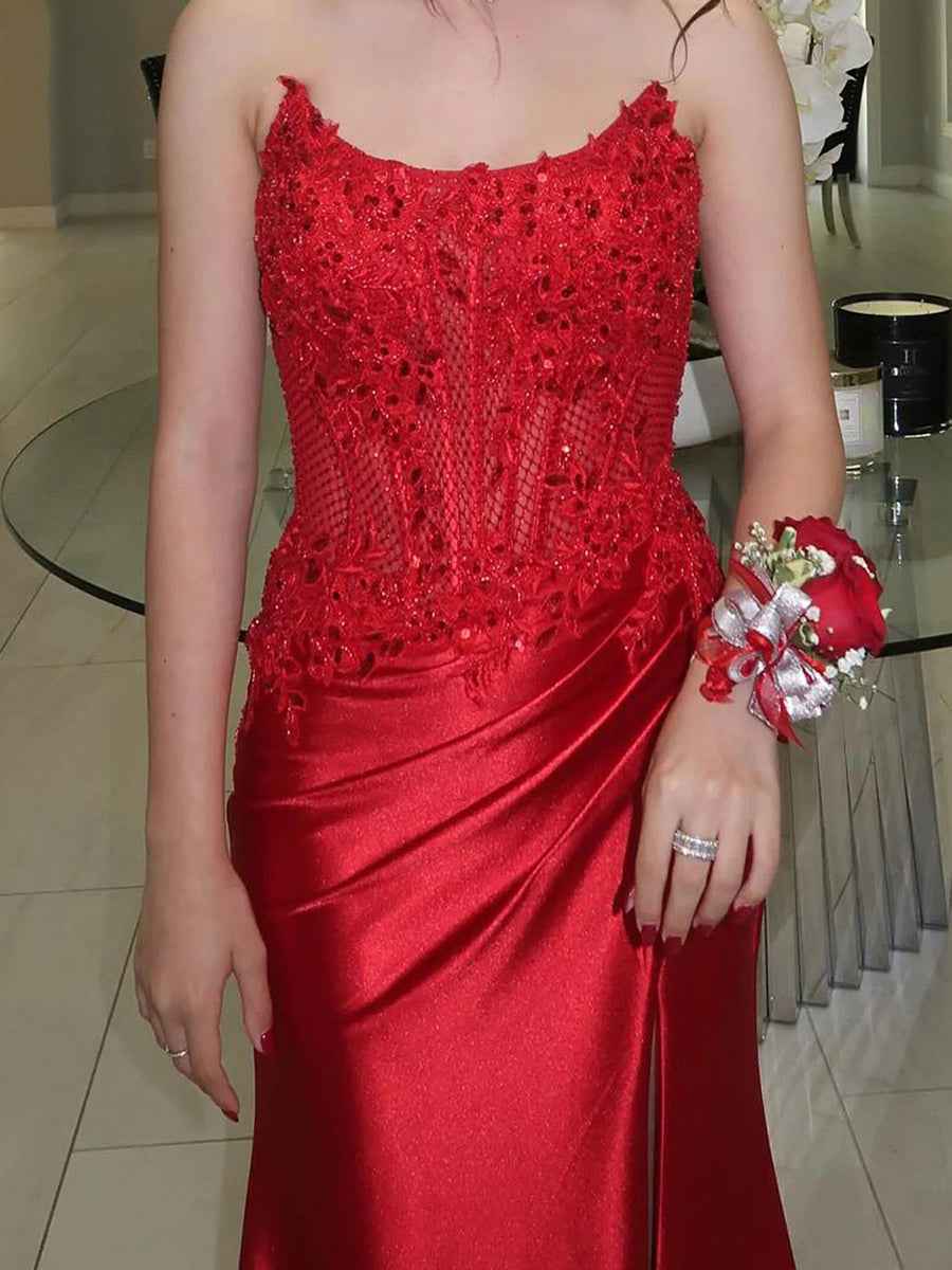Red Satin Strapless Beaded Lace Corset Prom Dress with High Slit