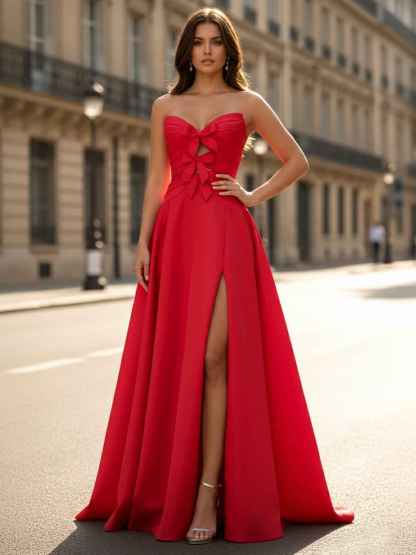 Red Satin Strapless A-Line Prom Dress with Bow Detailing