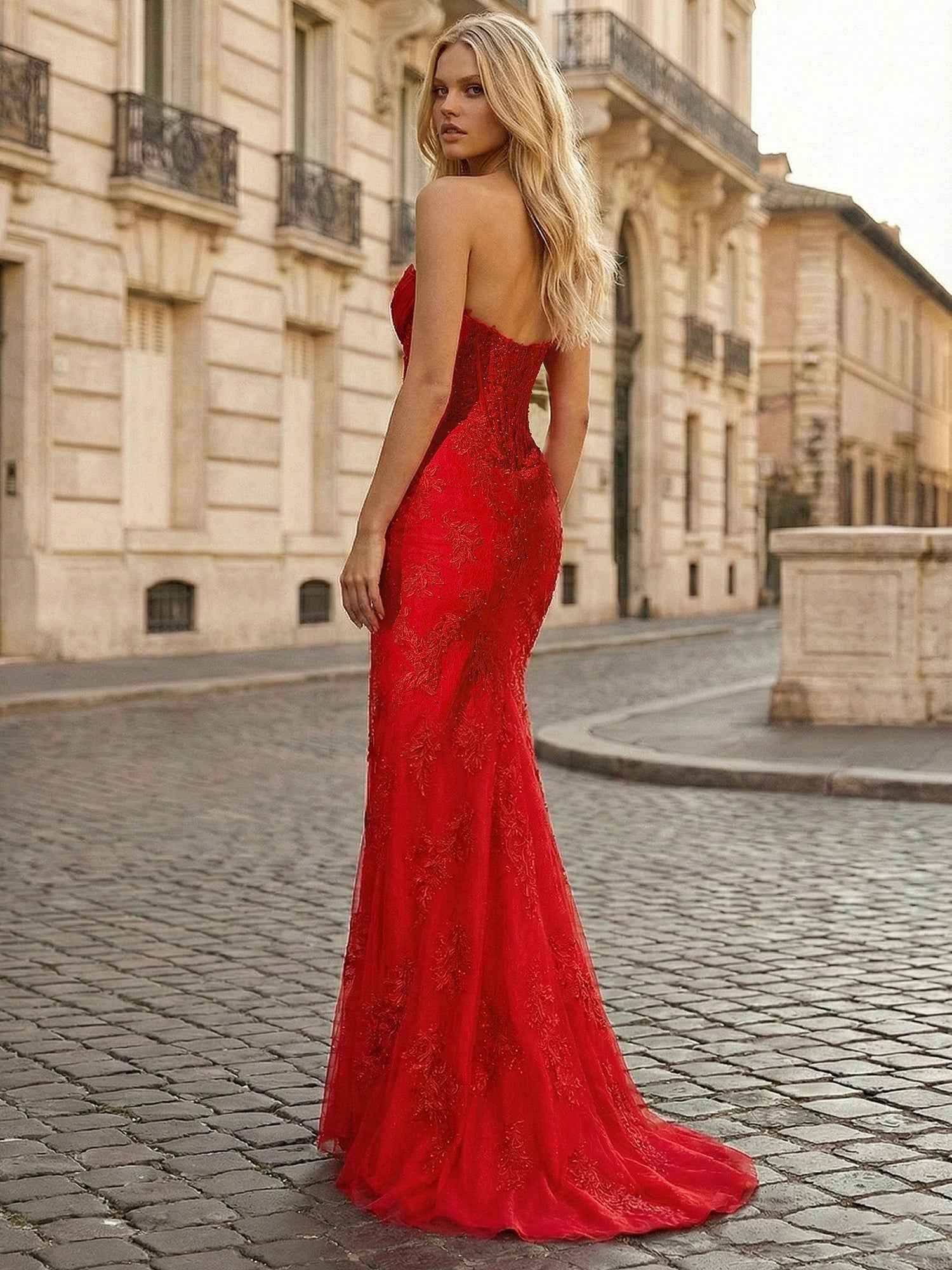 Red Sheath Lace Strapless Corset Prom Dress with High Slit