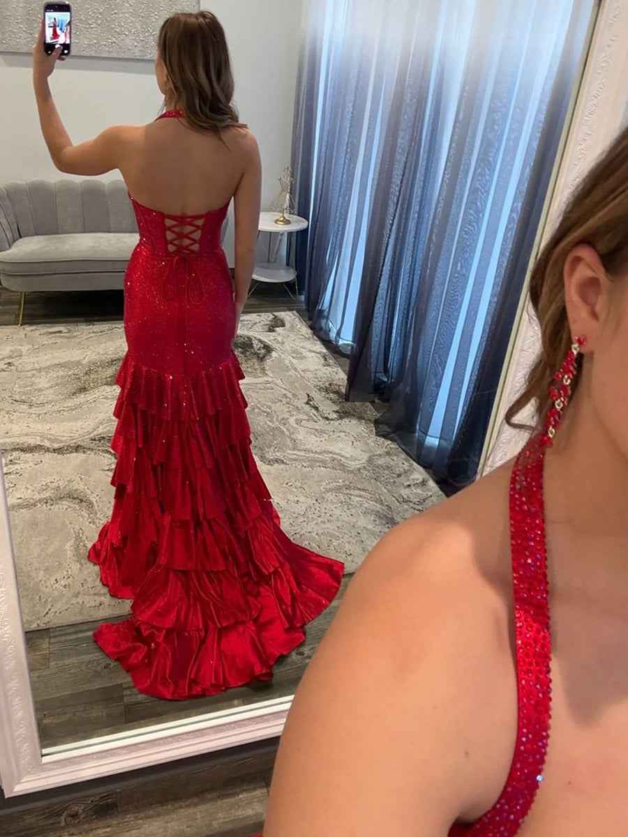 Red Shimmer Halter Tiered Ruffle Long Prom Dress with Slit