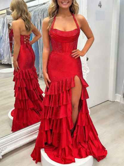 Red Shimmer Halter Tiered Ruffle Prom Dress with Slit