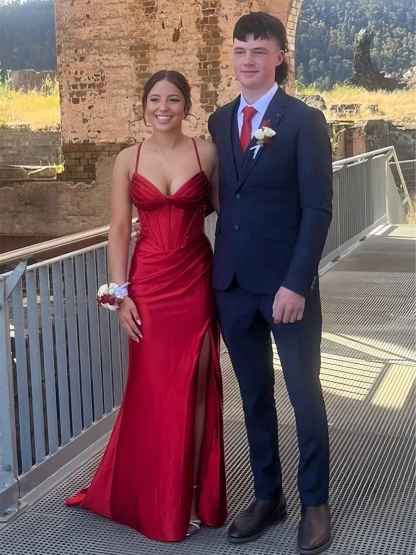 Red Spaghetti Straps Satin Long Corset Prom Dress with Slit