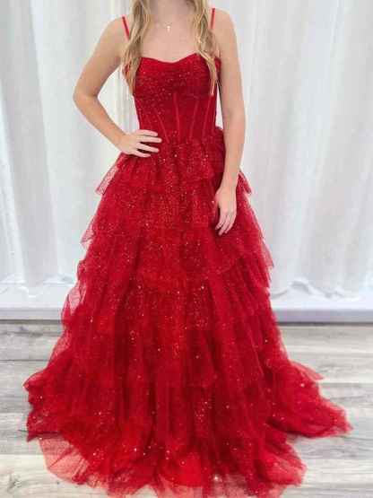 Red Spaghetti Straps Tulle Tiered Ruffle Prom Dress