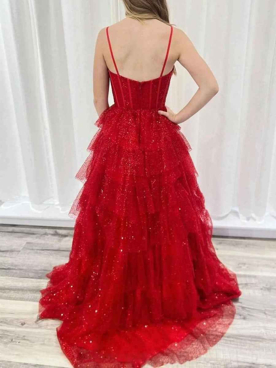 Red Spaghetti Straps Tulle Tiered Ruffle Prom Dress