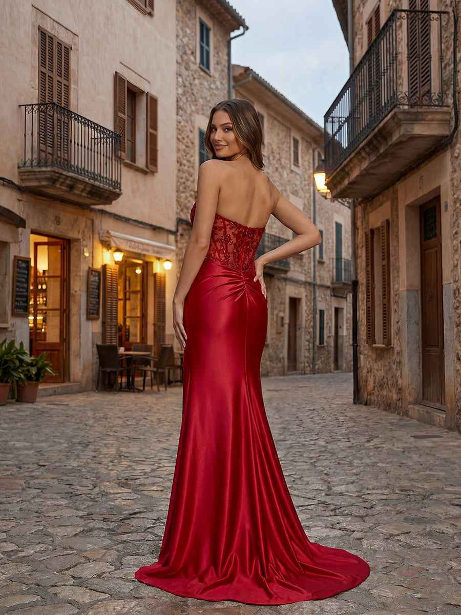 Red Strapless Beaded Lace Corset Satin Long Prom Dress with Slit