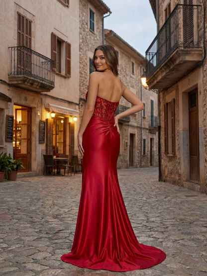 Red Strapless Beaded Lace Corset Satin Long Prom Dress with Slit