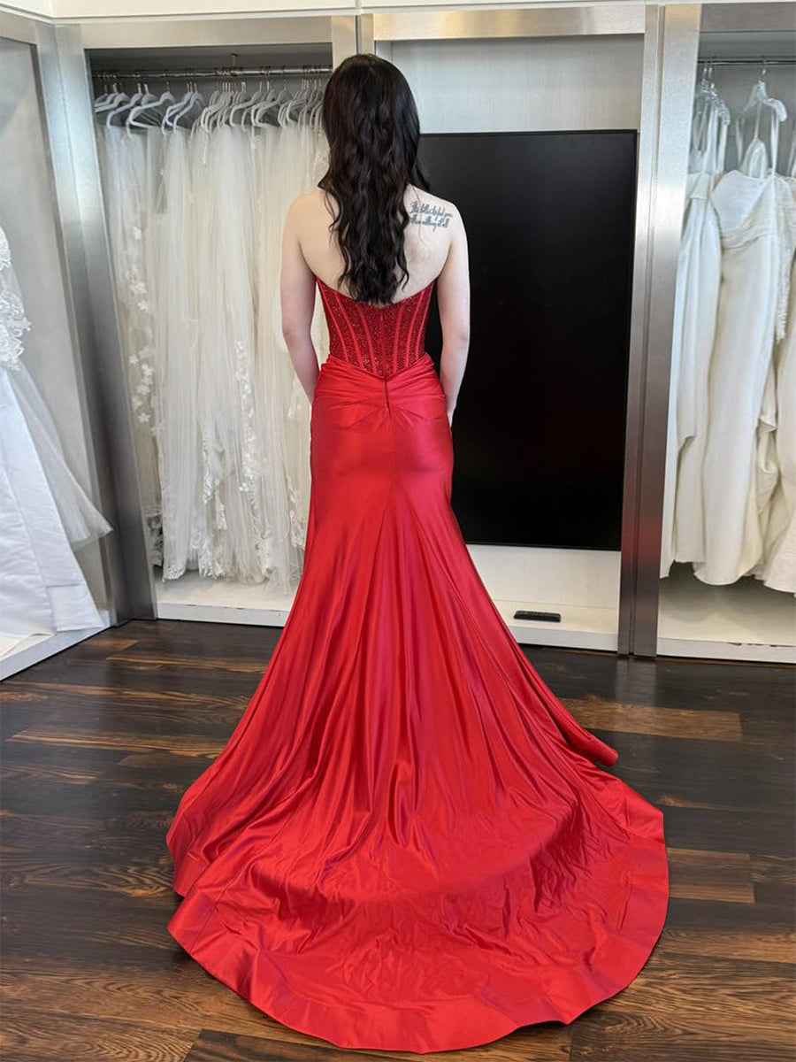 Red Strapless Corset Beaded Bodice Prom Dress with High Slit