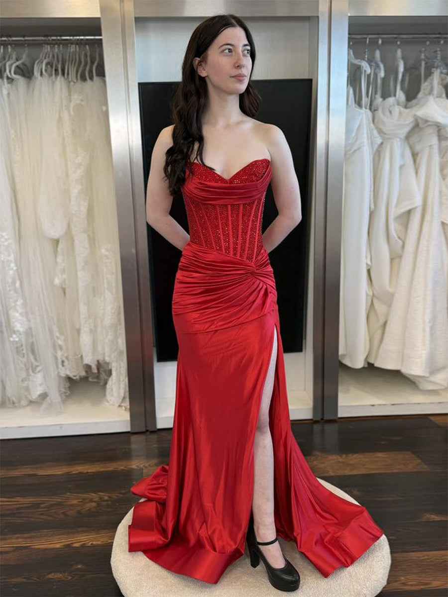 Red Strapless Corset Beaded Bodice Prom Dress with High Slit