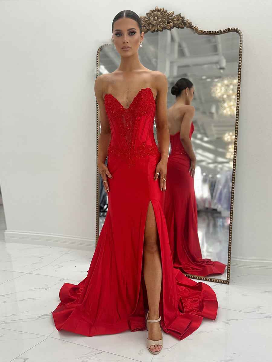 Red Strapless Corset Satin Prom Dress with High Slit