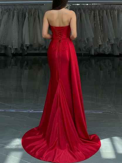 Red Strapless Crystal Encrusted Neckline Satin Prom Dress with Draped Slit