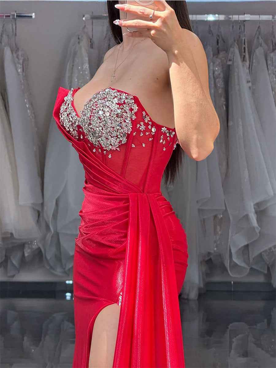 Red Strapless Crystal Encrusted Neckline Satin Prom Dress with Draped Slit