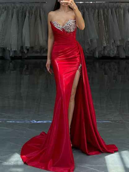 Red Strapless Crystal Encrusted Neckline Satin Prom Dress with Draped Slit