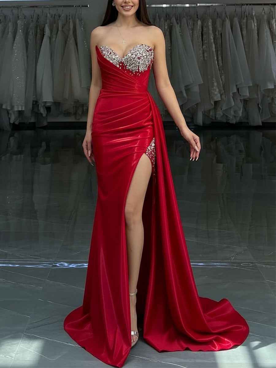 Red Strapless Crystal Encrusted Neckline Satin Prom Dress with Draped Slit