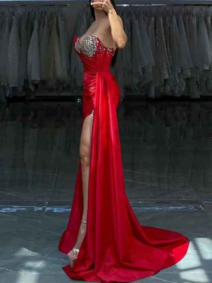 Red Strapless Crystal Encrusted Neckline Satin Prom Dress with Draped Slit
