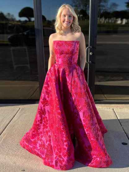 Red Strapless Jacquard Satin Long Prom Dress with Pockets