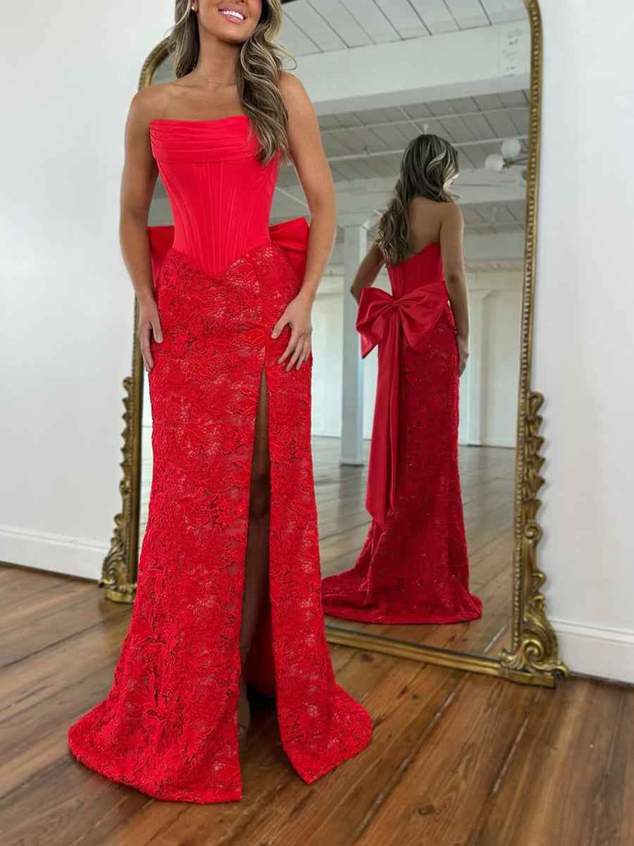 Red Strapless Satin Corset Lace Prom Dress with Oversized Bow