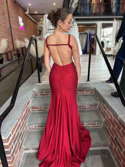 Red V-Neck Side Cutouts Prom Dress with High Slit
