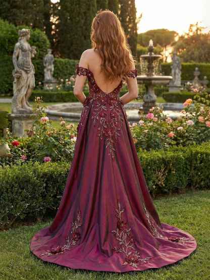Regal Burgundy Floral A-Line Prom Dress with Iridescent Sheen