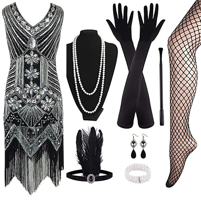 Vintage 1920s Gatsby Dress with V-Neck and Sequins in Sheath Style