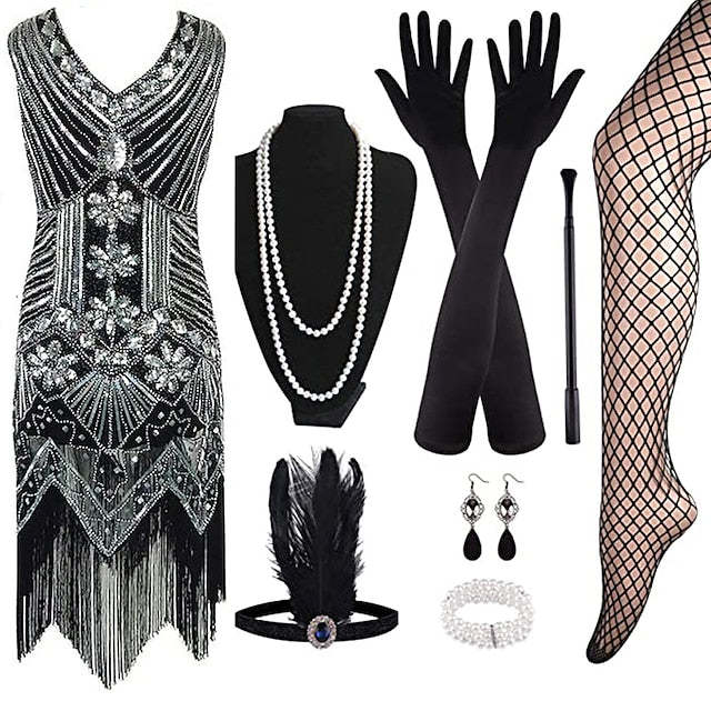 Vintage 1920s Gatsby Dress with V-Neck and Sequins in Sheath Style