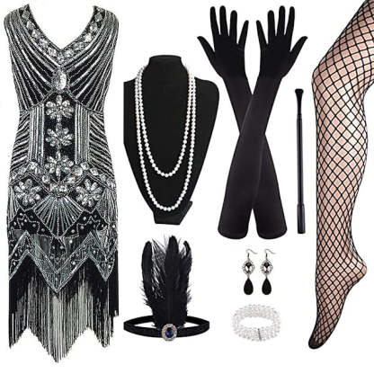 Vintage 1920s Gatsby Dress with V-Neck and Sequins in Sheath Style