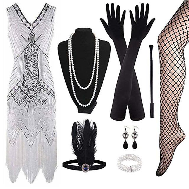 Vintage 1920s Gatsby Dress with V-Neck and Sequins in Sheath Style