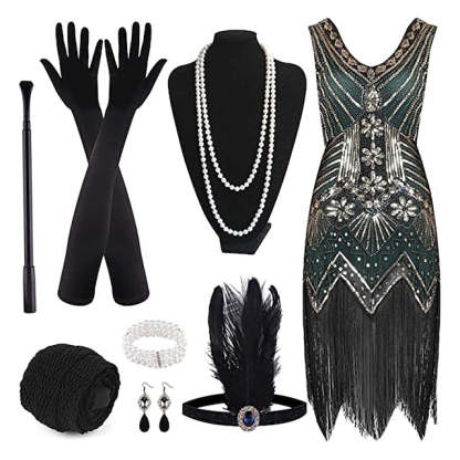 Vintage 1920s Gatsby Dress with V-Neck and Sequins in Sheath Style