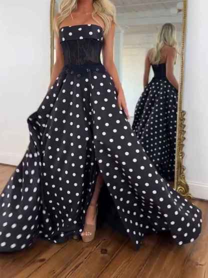 Retro-Chic Black and White Polka Dot Strapless Corset Prom Dress