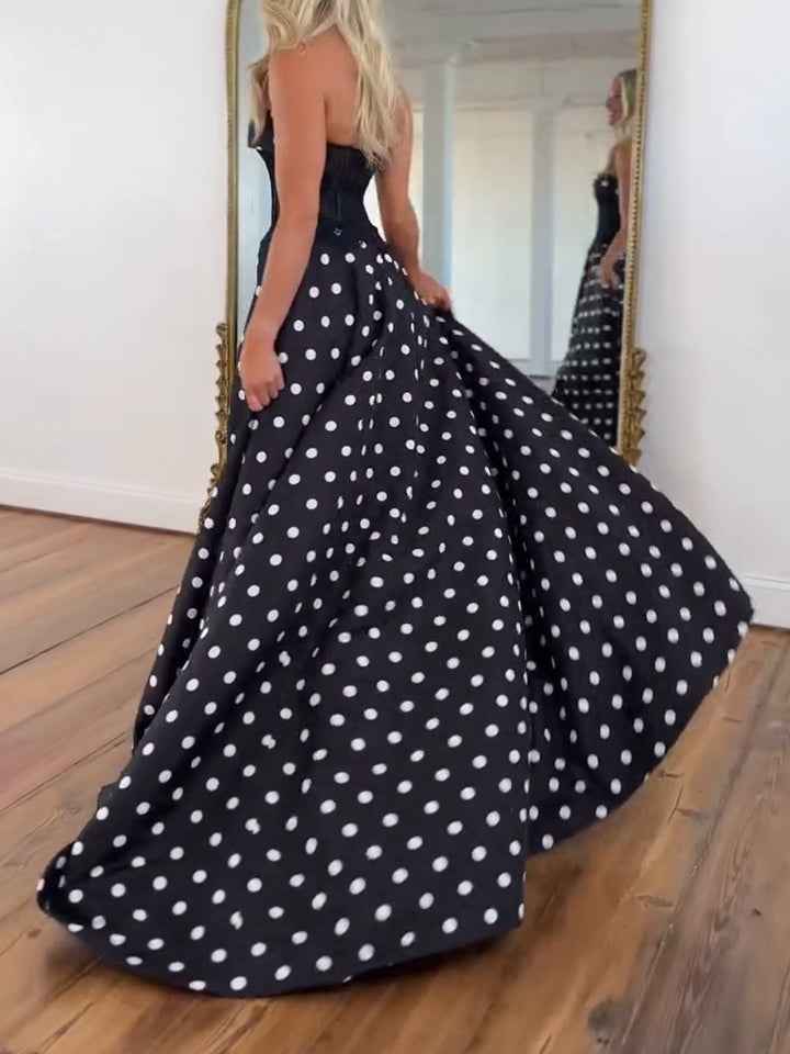Retro-Chic Black and White Polka Dot Strapless Corset Prom Dress