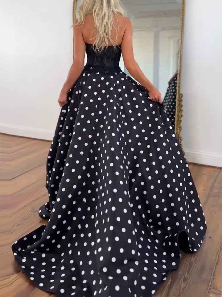 Retro-Chic Black and White Polka Dot Strapless Corset Prom Dress