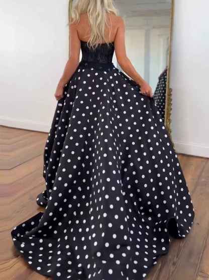 Retro-Chic Black and White Polka Dot Strapless Corset Prom Dress