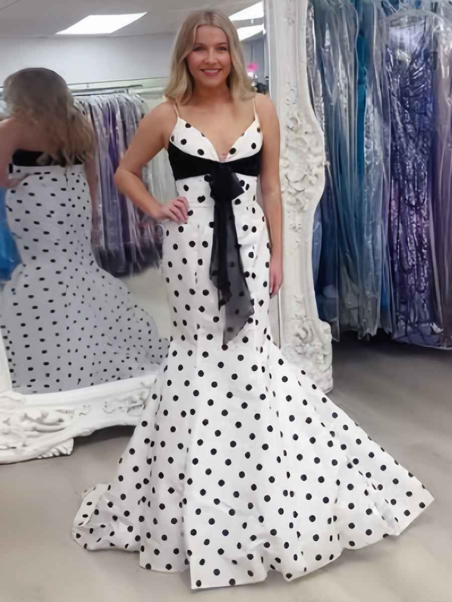 Retro Chic Polka Dot Mermaid Prom Dress with Pink Bow Detail