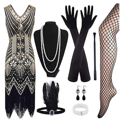Vintage 1920s Gatsby Dress with V-Neck and Sequins in Sheath Style