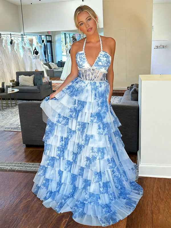 Romantic Floral Ruffle Prom Dress with Beaded Halter Corset