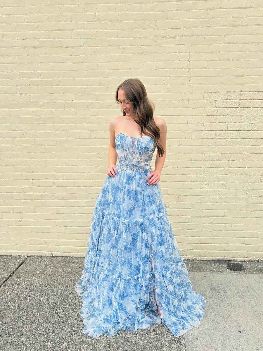 Romantic Blue Floral Strapless Tiered Corset Prom Dress