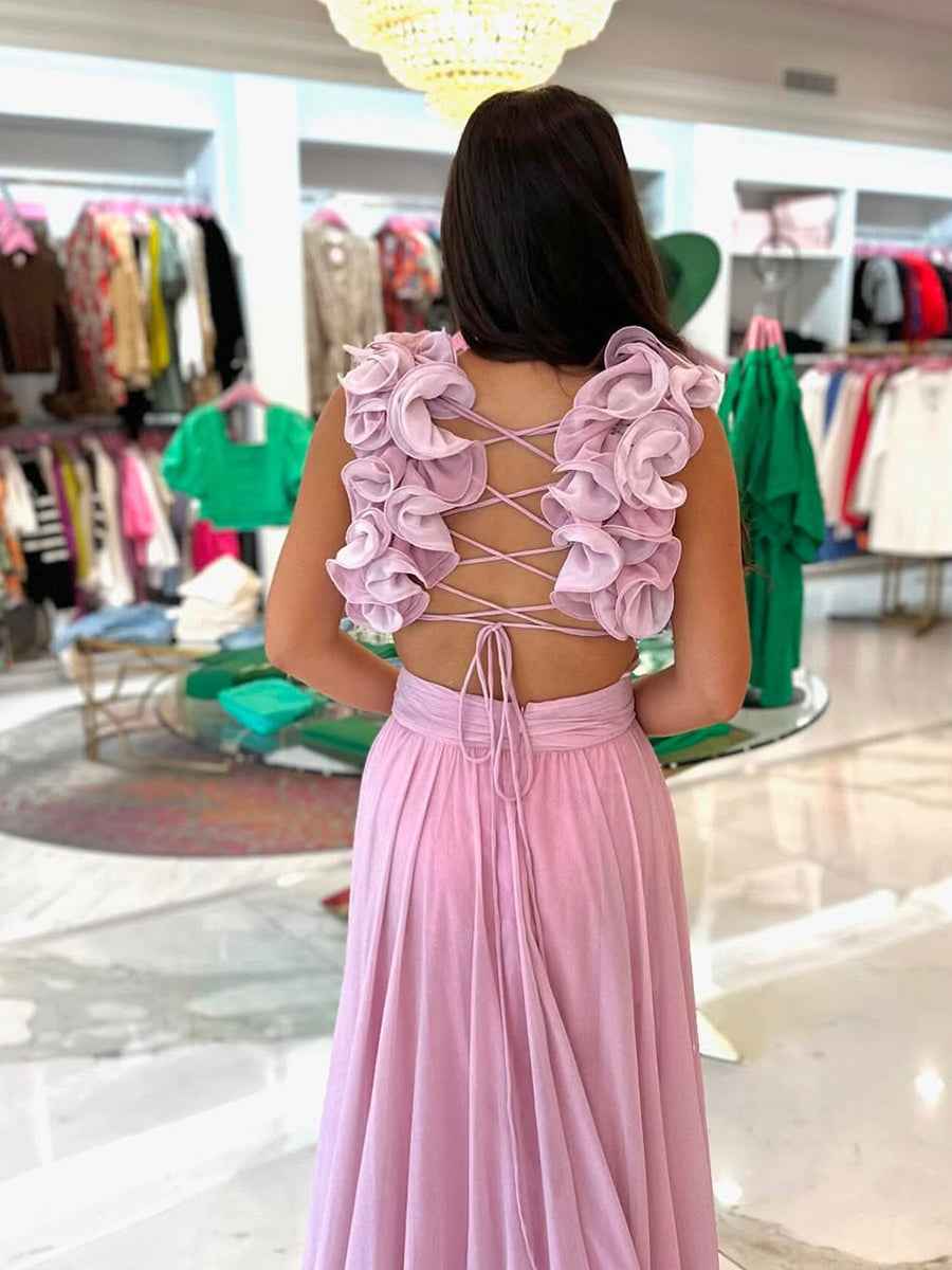 Romantic Pink Chiffon Tiered A-Line Prom Dress with Ruffle