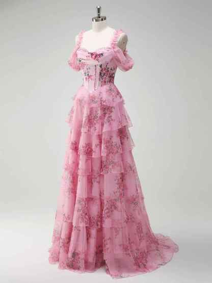 Romantic Pink Floral Corset Bodice Prom Gown with Tiered Ruffles