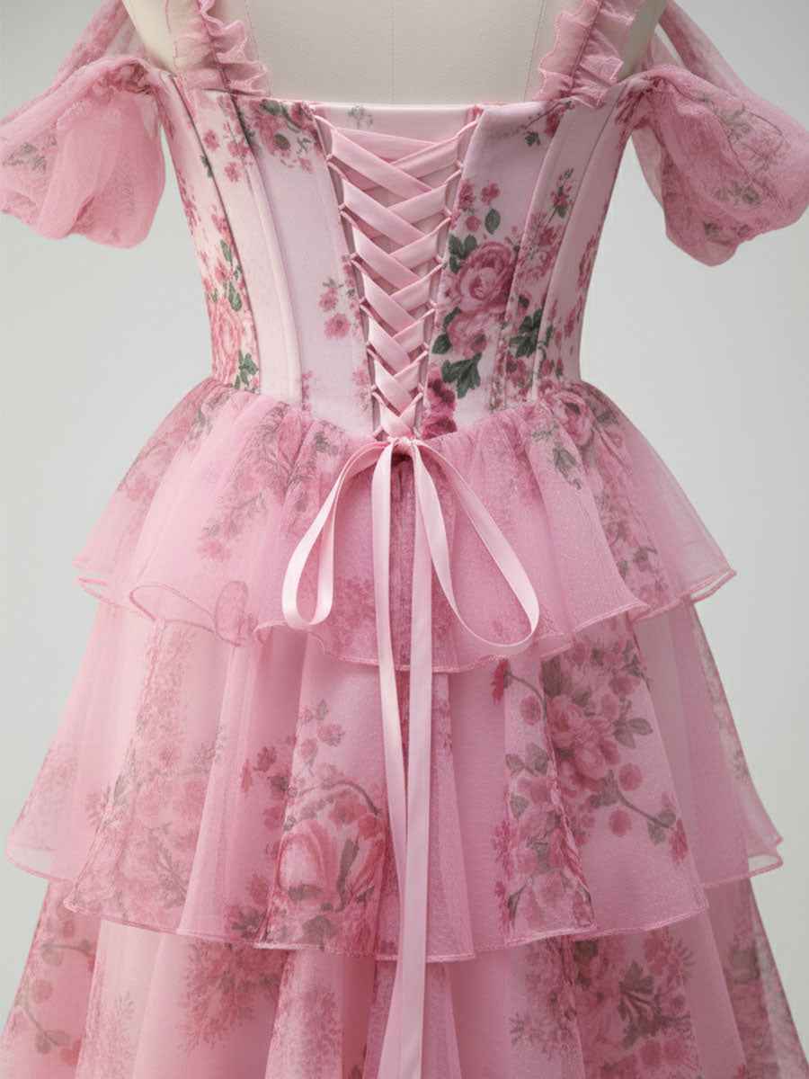 Romantic Pink Floral Corset Bodice Prom Gown with Tiered Ruffles