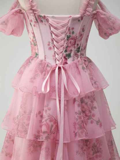 Romantic Pink Floral Corset Bodice Prom Gown with Tiered Ruffles