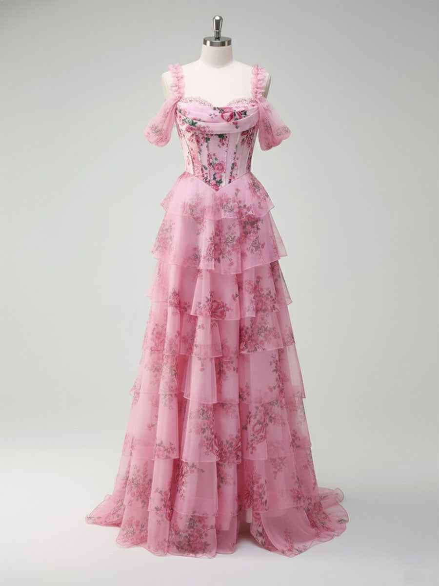 Romantic Pink Floral Corset Bodice Prom Gown with Tiered Ruffles
