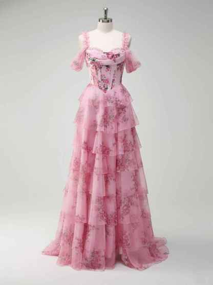 Romantic Pink Floral Corset Bodice Prom Gown with Tiered Ruffles
