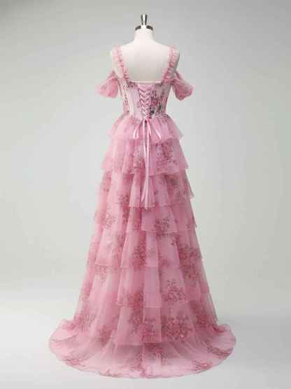 Romantic Pink Floral Corset Bodice Prom Gown with Tiered Ruffles