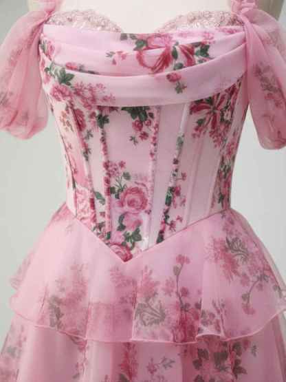 Romantic Pink Floral Corset Bodice Prom Gown with Tiered Ruffles