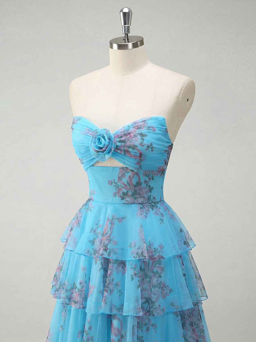 Romantic Pink Floral Tiered Prom Dress with Cut-Out Detail