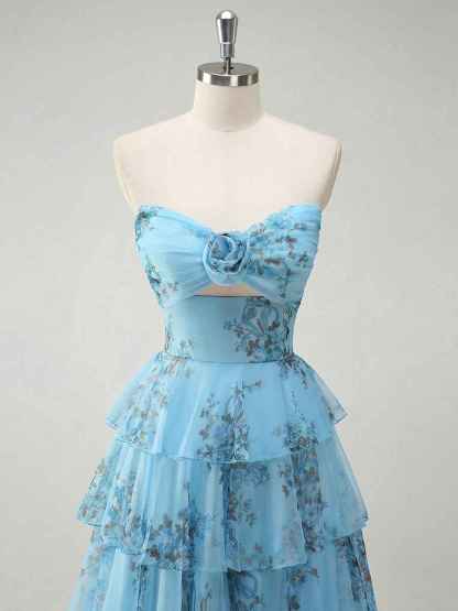 Romantic Pink Floral Tiered Prom Dress with Cut-Out Detail