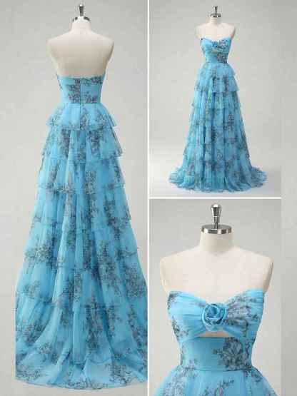 Romantic Pink Floral Tiered Prom Dress with Cut-Out Detail